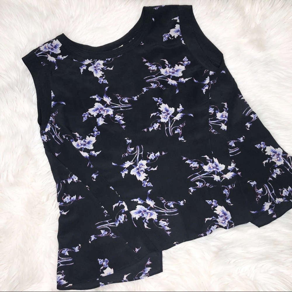 Rebecca Taylor Black Floral Sleeveless Blouse with Lavender Accents